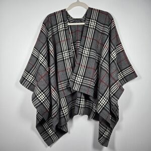 V. Fraas Gray Black Red Flannel Plaid Blanket Poncho Shrug Shawl Cape One Size